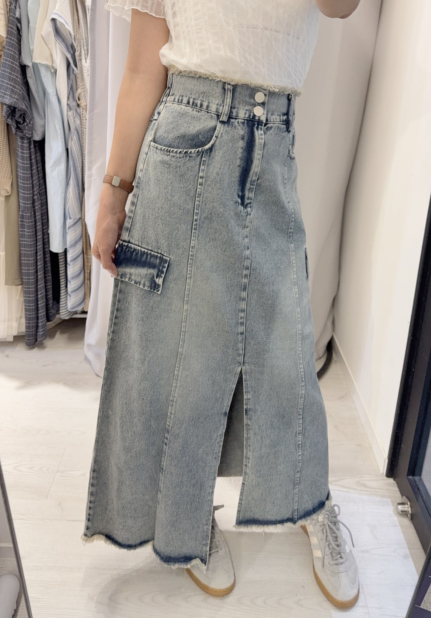 夏季・流蘇邊前開差洗水牛仔裙 1色入 1S70442