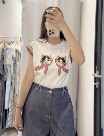 夏季・刺繡立體貓貓上衣 2色入 1S20441