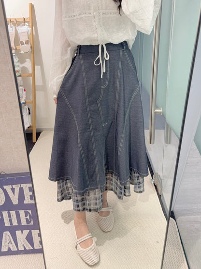 初秋・滑滑防牛仔拼格仔半身裙 2色入 2W21014