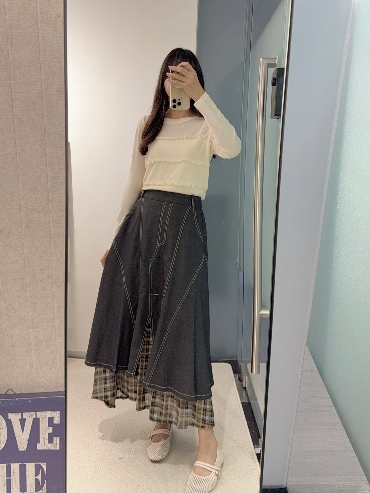 初秋・滑滑防牛仔拼格仔半身裙 2色入 2W21014