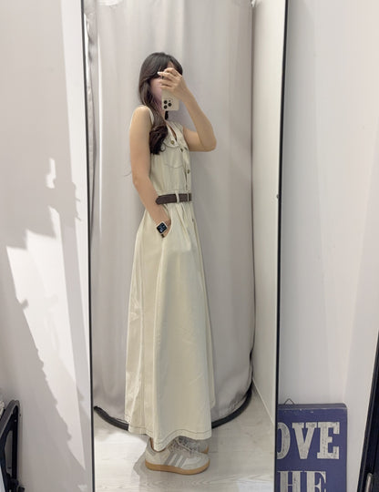 夏季・無袖明線牛仔跟Belt連身裙 2色入 1S60513