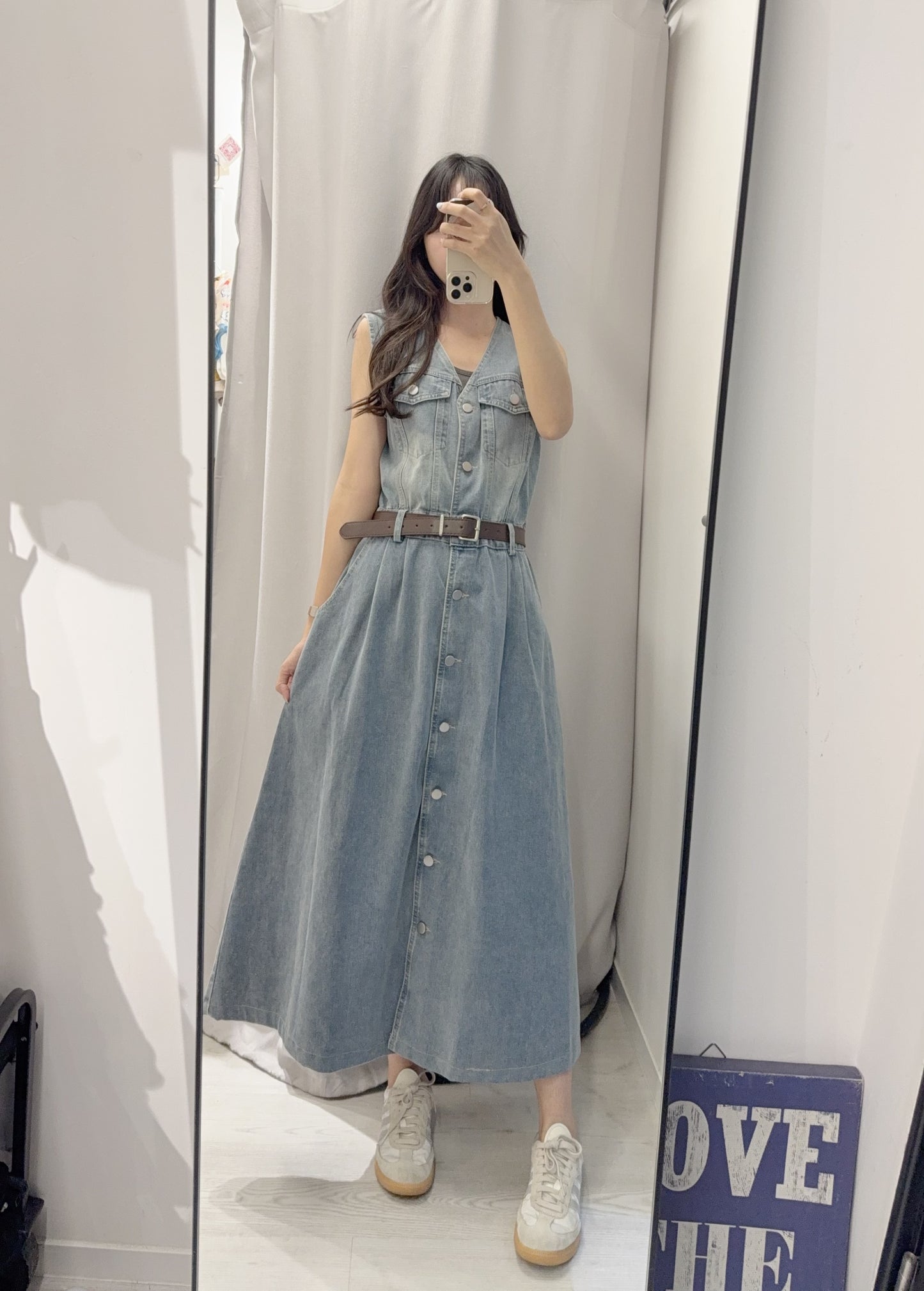 夏季・無袖明線牛仔跟Belt連身裙 2色入 1S60513