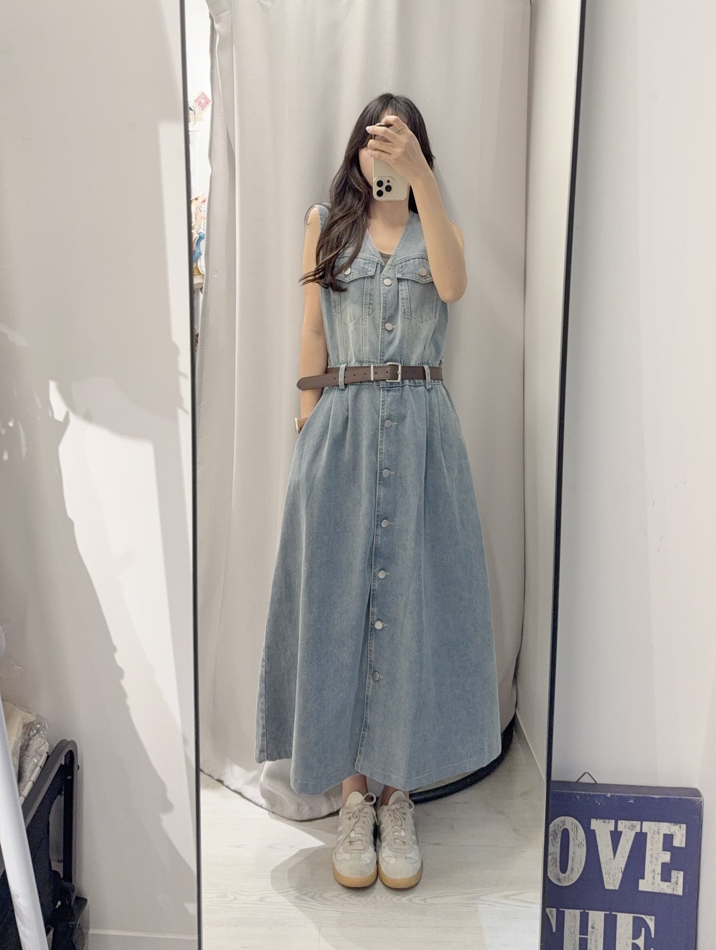 夏季・無袖明線牛仔跟Belt連身裙 2色入 1S60513