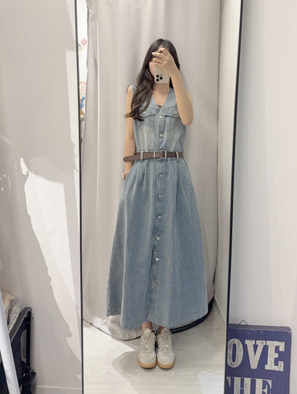 夏季・無袖明線牛仔跟Belt連身裙 2色入 1S60513