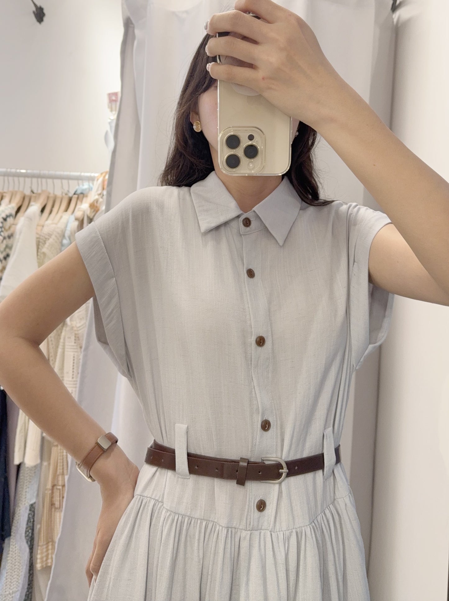 夏季．棉麻連身裙連belt 2色入 1S60529