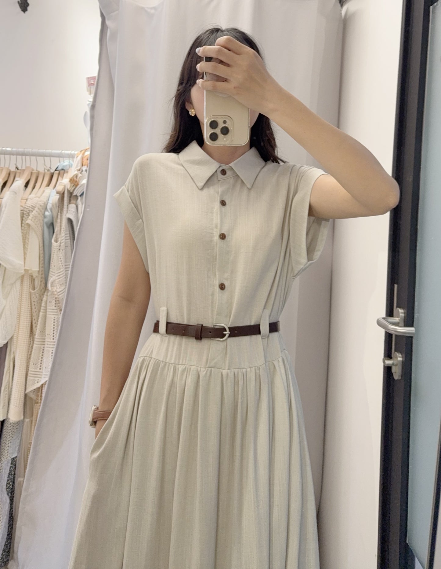 夏季．棉麻連身裙連belt 2色入 1S60529