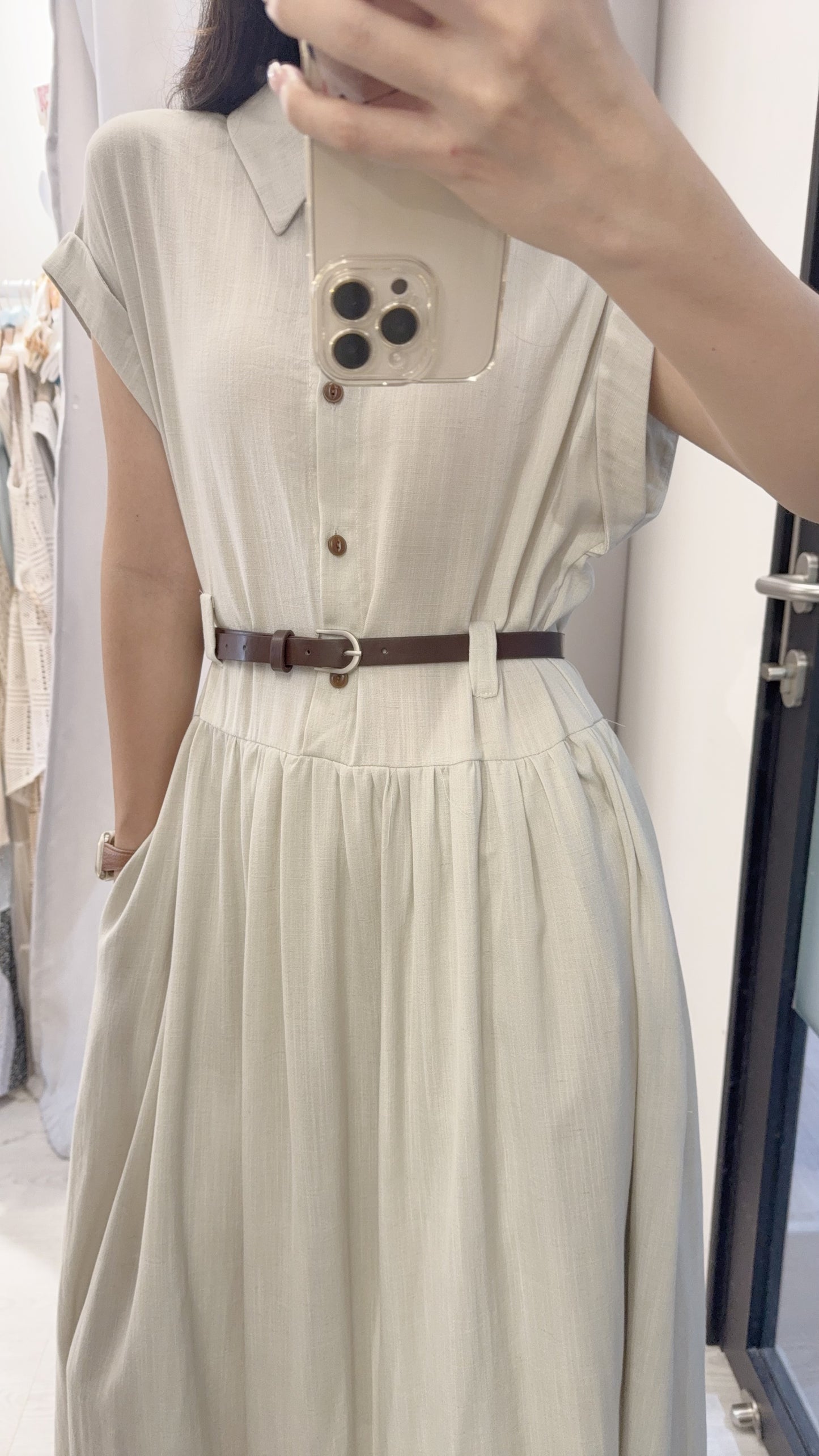 夏季．棉麻連身裙連belt 2色入 1S60529