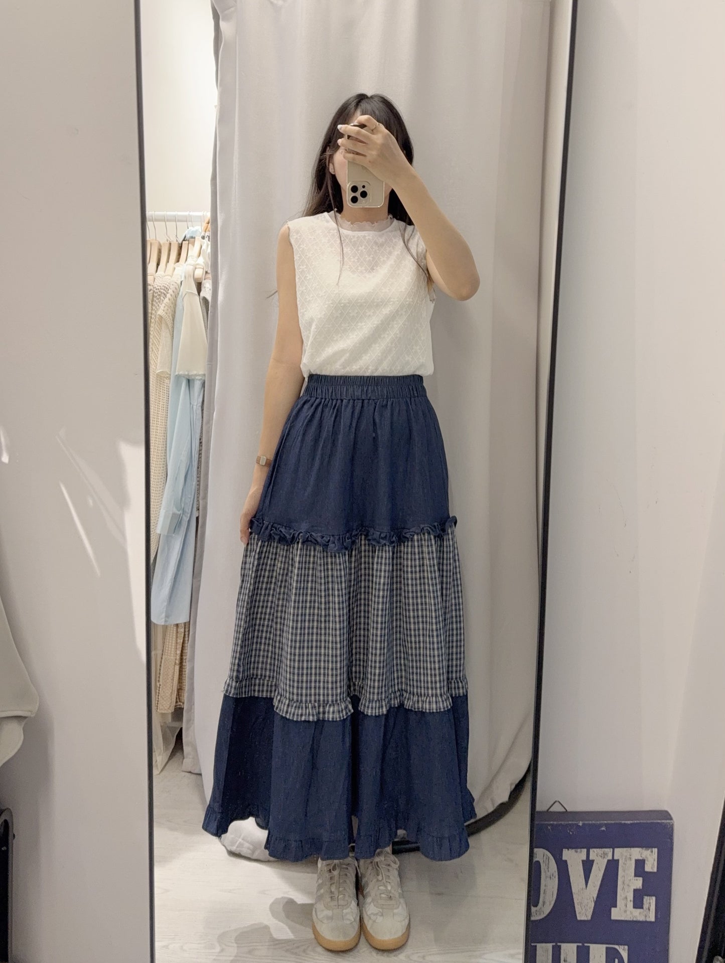 夏季・拼接格仔蛋糕牛仔裙 1色入 1S60538