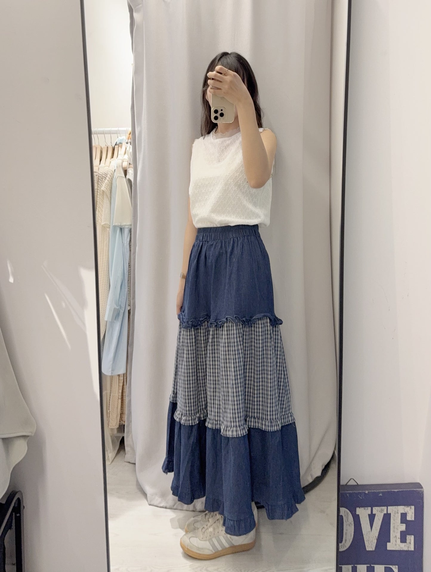 夏季・拼接格仔蛋糕牛仔裙 1色入 1S60538