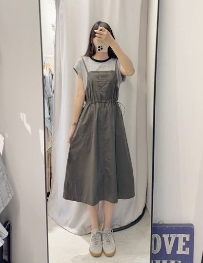 夏季・假兩件橫間束腰運身裙 2色入 1S60608