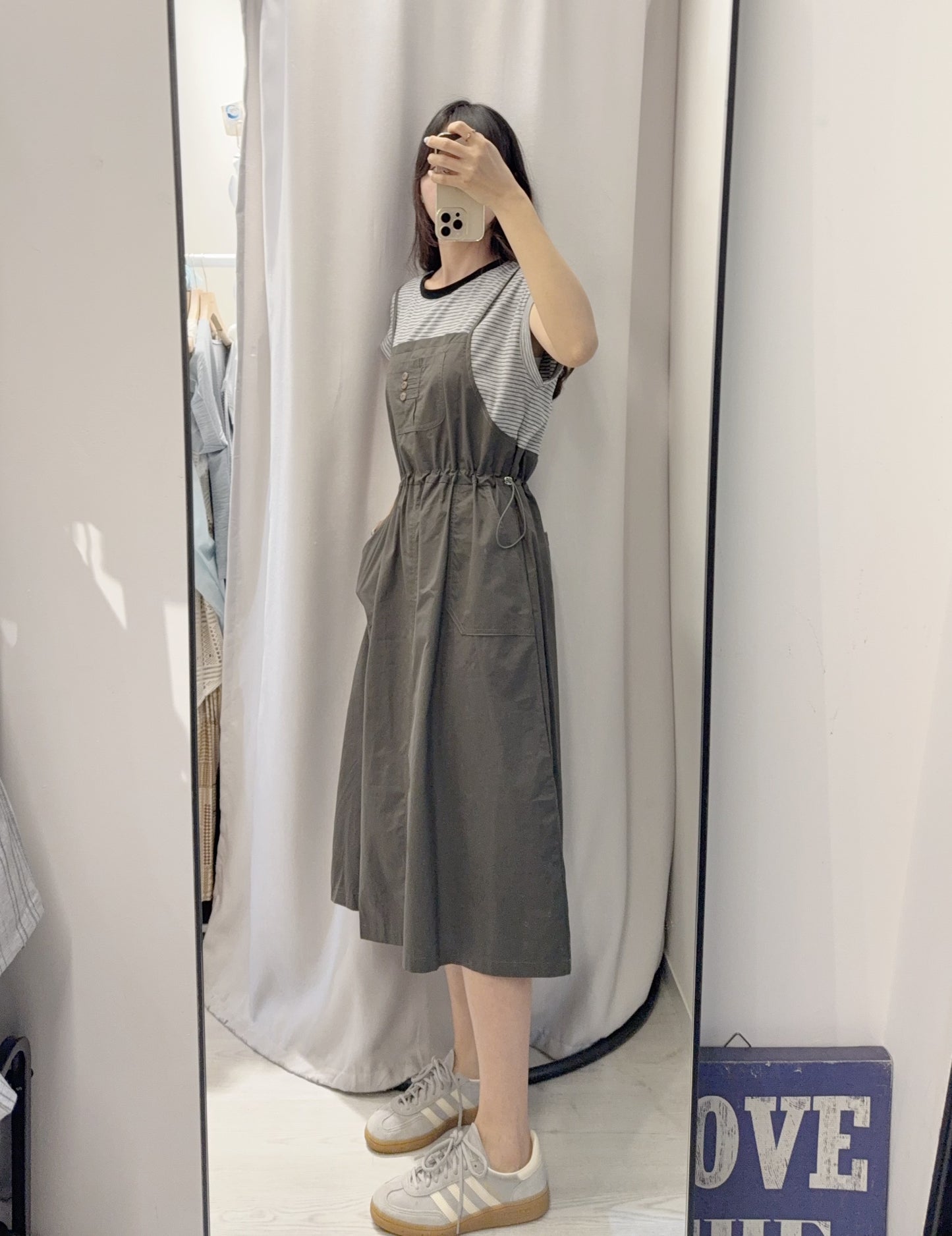 夏季・假兩件橫間束腰運身裙 2色入 1S60608