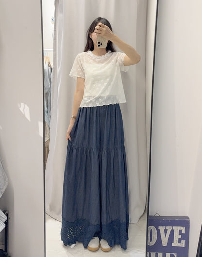 夏季・勾花拼腳薄牛仔超闊落地褲 1色入 1S60607