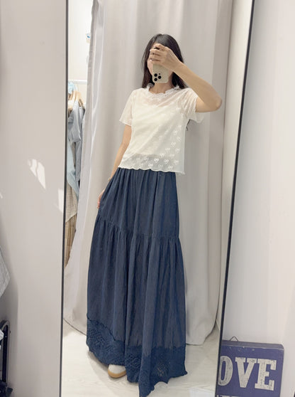 夏季・勾花拼腳薄牛仔超闊落地褲 1色入 1S60607
