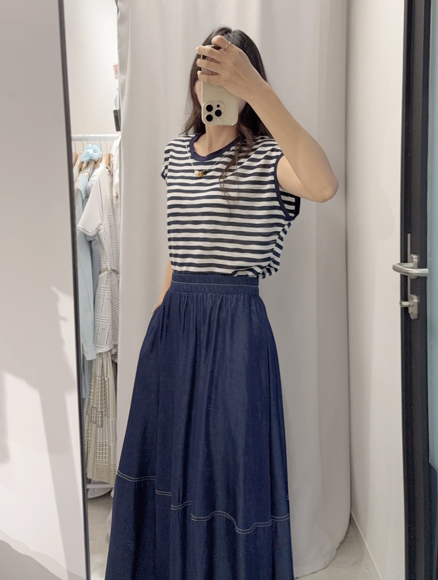 夏季・橫間衫配仿牛仔滑料半身裙SET 1S60621