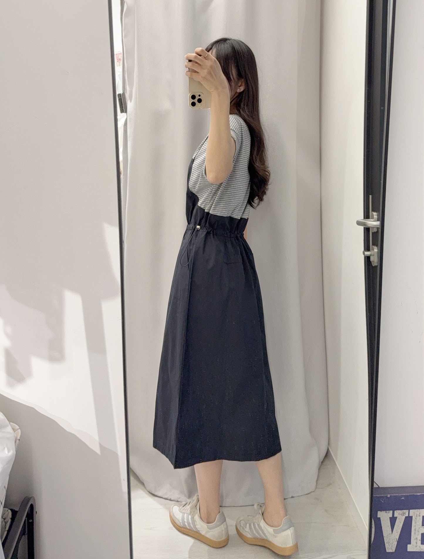 夏季・假兩件橫間束腰連身裙 2色入 1S60608