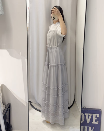 夏季・扯布料拼接垂感蛋糕長裙 2色入 1S60625